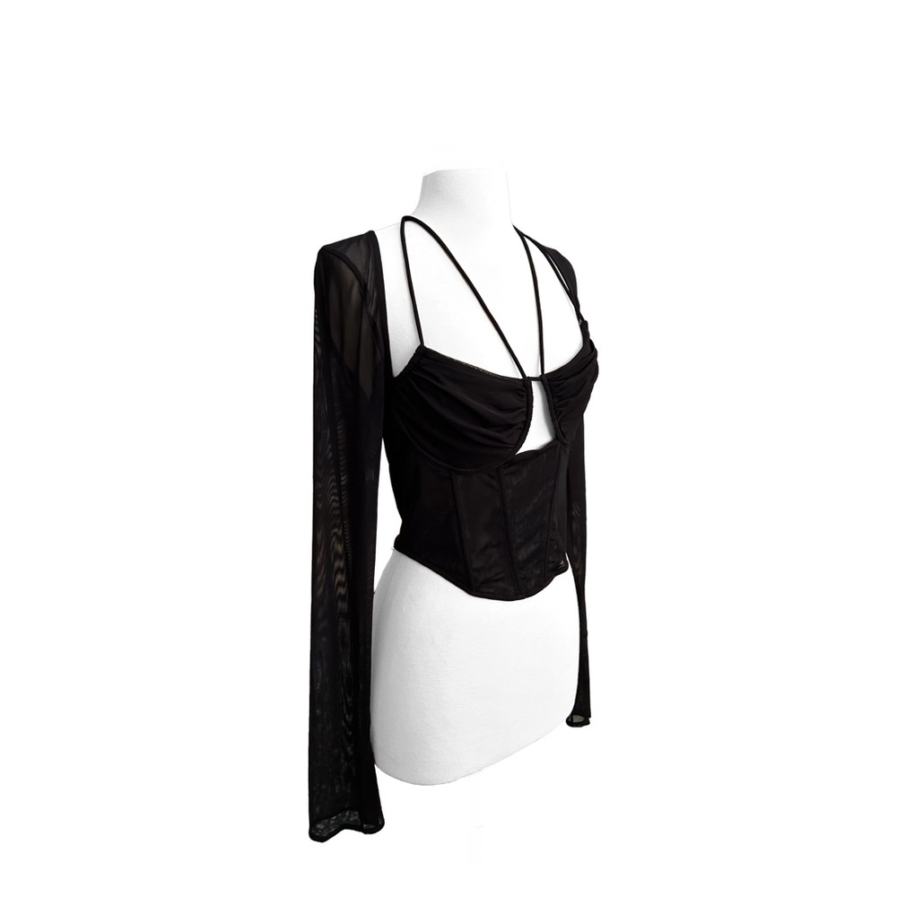 Black Strappy Corset Top with Long Sleeves - Picture 2 of 4